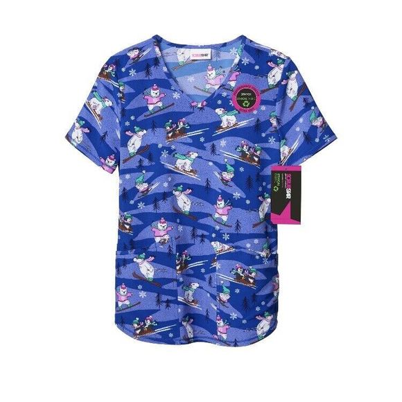 Scrubstar Scrub Top Shirt XL Women Chillin Christmas Winter Bear Blue Pockets - Picture 5 of 5